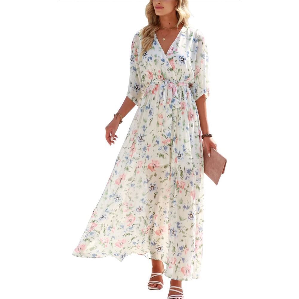 NEW Flowy Wrap V Neck 3/4 Sleeve Floral Slit Maxi Dress M